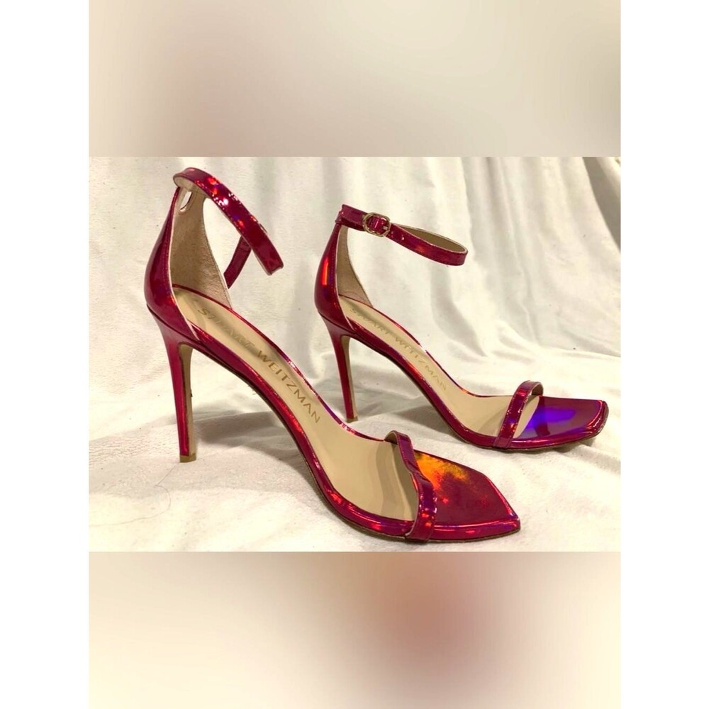 Stuart Weitzman Nudistcurve 100 Metallic Pink Stiletto Square Toe Sandals Sz 7B - Picture 4 of 16